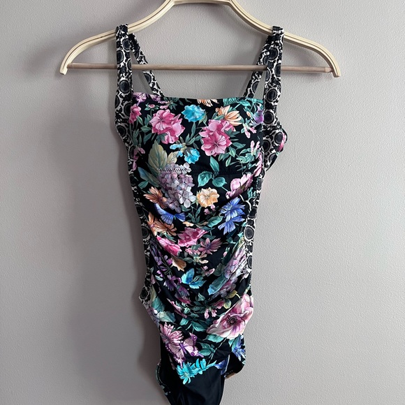 Johnny Was Ruched Black Butterfly One Piece Swimsuit - Picture 6 of 7